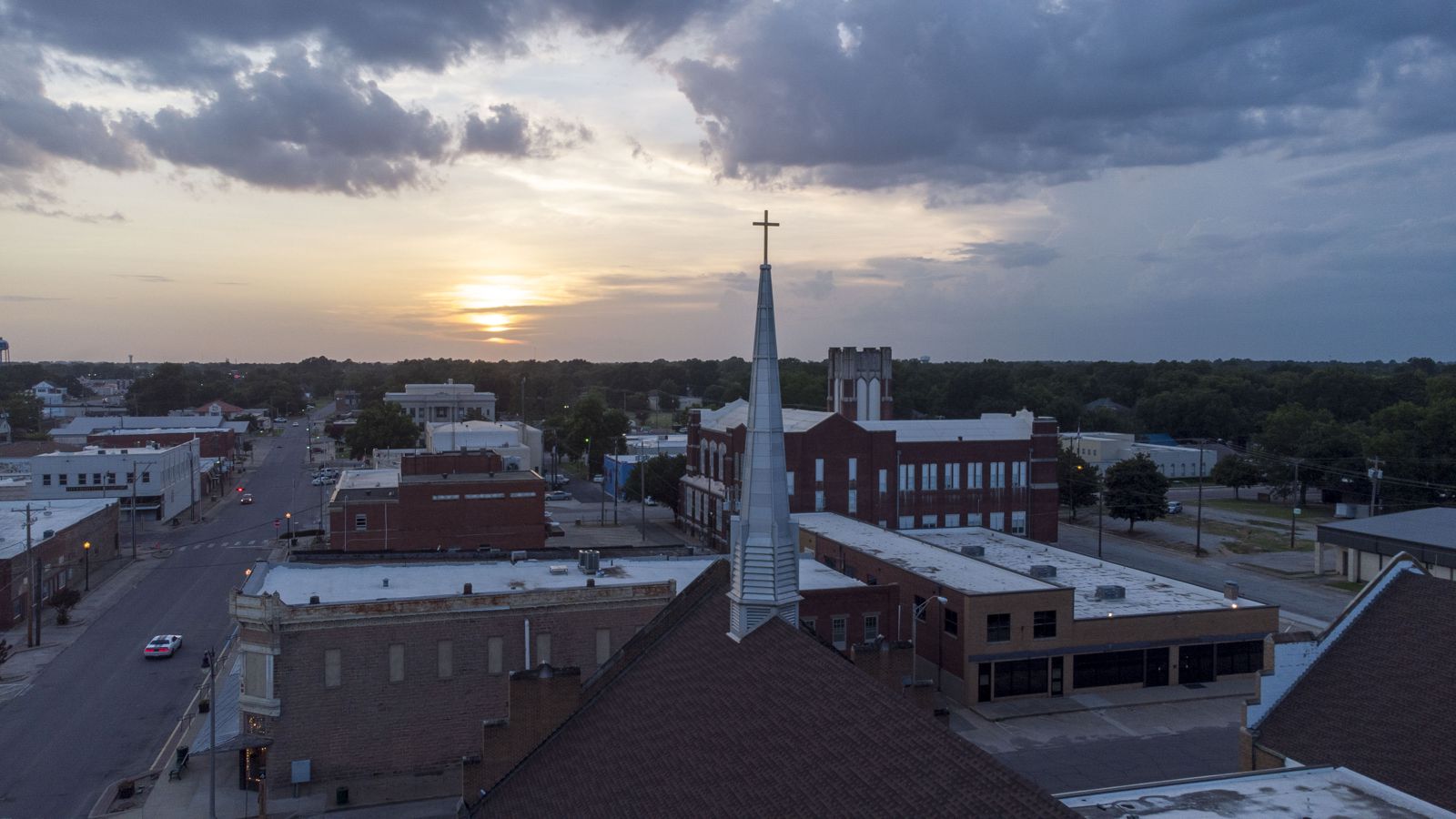First Baptist Church steeple at sunset